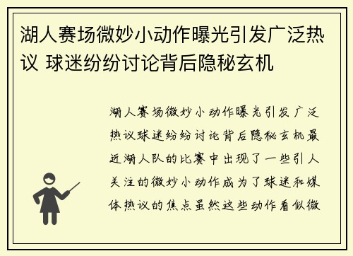 湖人赛场微妙小动作曝光引发广泛热议 球迷纷纷讨论背后隐秘玄机