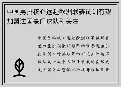 中国男排核心远赴欧洲联赛试训有望加盟法国豪门球队引关注 中国男排核心远赴欧洲联赛试训有望加盟法国豪门球队引关注